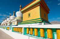 Chortens and prayer flags at Dali Lama's Ladakh home, Ladakh, India Fine Art Print