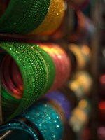 Bangles are stacked up at a store in Bangalore, Karnataka, India, Fine Art Print