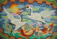 Taiwan, Peimen, Nankunshen Temple, Ceiling mural of cranes and catfish Fine Art Print