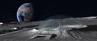 A domed crater is home to a lunar city Earth rises in the background Fine Art Print