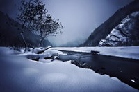 Small river in the misty, snowy mountains of Ritsa Nature Reserve Fine Art Print