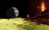 Volcanic activity on Jupiter's moon Io, with the planet Jupiter visible on the horizon Fine Art Print