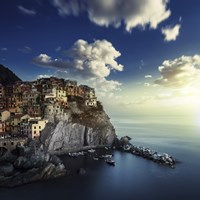 View of Manarola on the rocks at sunset, La Spezia, Liguria, Northern Italy Fine Art Print