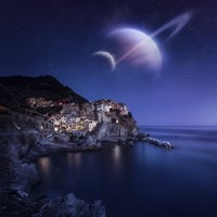 View of Manarola on a starry night with planets, Northern Italy Fine Art Print
