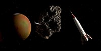 Two 1950's Styled Spaceships Near Mars and its Moon Deimos Fine Art Print