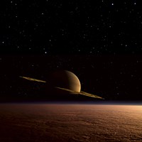 Saturn Floats in the Background Above Titan Fine Art Print
