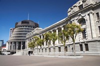 New Zealand, Wellington, The Beehive and Parliament House Fine Art Print