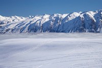 The Roundhill Ski Area with fog covered Lake Tekapo and the Hall Range, South Island, New Zealand Fine Art Print