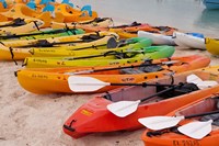 Bahamas, Eleuthera, Princess Cays, beach kayaks Fine Art Print