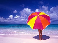 Female Holding a Colorful Beach Umbrella on Harbour Island, Bahamas by Greg Johnston - various sizes