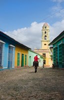 Cobblestone street with cowboy on horse, Trinidad, Cuba Fine Art Print