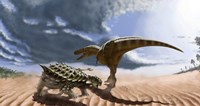 A Tarbosaurus dinosaur and an armored Saichania ankylosaurid Fine Art Print