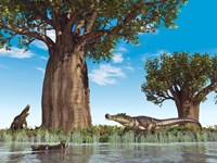 Kaprosuchus crocodyliforms near a baobab tree in a prehistoric landscape Fine Art Print