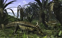 Desmatosuchus search for edible roots in a prehistoric landscape Fine Art Print