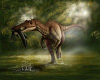 A Baryonyx dinosaur catches a fish out of water Fine Art Print