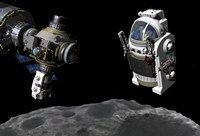 A Manned Maneuvering Vehicle prepares to descend to the surface of a small asteroid Fine Art Print