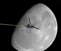 A manned lunar space elevator ascends from the surface of the moon Fine Art Print