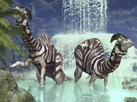 A pair of Parasaurolophus feed on flora near a waterfall Fine Art Print