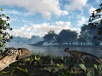 Sauroposeidon graze while feathered Deinonychus look on Fine Art Print