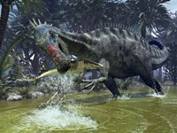 A Suchomimus snags a shark from a lush estuary Fine Art Print