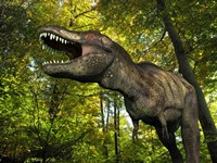 A Tyrannosaurus wanders a Cretaceous forest Fine Art Print