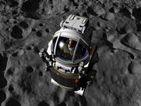 An astronaut piloting a Manned Maneuvering Vehicle above the surface of an asteroid Fine Art Print