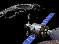 A Manned Maneuvering Vehicle undocks and prepares to descend to the surface of a small asteroid Fine Art Print