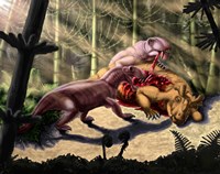 Biarmosuchus predators eating the flesh of a Estemmenosuchus Fine Art Print