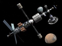 A Manned Mars Cycler Space Station Approaches the Planet Mars Fine Art Print