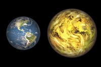 Illustration Comparing the Size of Extrasolar Planet Gliese 581 C with that of the Earth Fine Art Print