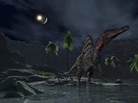 An Asteroid Impact on the Moon while a Spinosaurus Wanders in the Foreground Fine Art Print