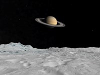 Artist's concept of Saturn as seen from the Surface of its Moon Lapetus Fine Art Print