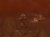 Illustration of Astronauts Exploring the Surface of Saturn's Moon Titan During a Blizzard Fine Art Print