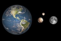 Artist's concept of the Earth, Pluto, Charon, and Earth's moon to scale Fine Art Print