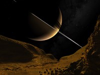 Illustration of Saturn from the icy surface of Enceladus by Walter Myers - various sizes - $47.99