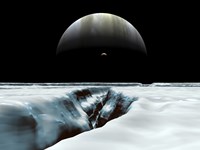 A Crescent Jupiter and Volcanic Satellite, Io, Hover over the Horizon of the Icy Moon of Europa Fine Art Print