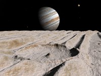 Artist's Concept of an Impact Crater on Jupiter's Moon Ganymede, with Jupiter on the Horizon Fine Art Print