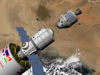 A Command Module Prepares to Dock with a Phobos Mission Rocket in Earth Orbit Fine Art Print
