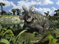 An Estemmenosuchus Mirabilis Stands Before a Lake 255 Million years ago Fine Art Print