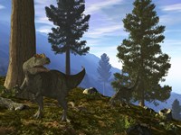 A Pair of Allosaurus Search for a Meal along a Mountainside Forest Fine Art Print