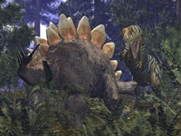 An Allosaurus Stumbles upon a Grazing Stegosaurus Fine Art Print