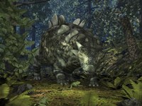 A Crichtonsaurus Crosses paths with a Pair of Frogs within a Cretaceous Forest Fine Art Print