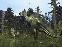 A Lambeosaurus Rears onto its Hind Legs in Response to a Threat Fine Art Print
