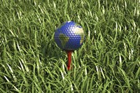 3D Rendering of an Earth Golf Ball on Tree in the Grass Fine Art Print