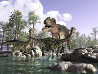 A Tyrannosaurus Rex Hunting two Gallimimus Dinosaurs in a River Fine Art Print