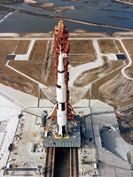 High-angle view of the Apollo 10 space vehicle on its launch pad - various sizes