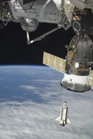 Space Shuttle Endeavour, a Soyuz Spacecraft, and the International Space Station Fine Art Print