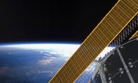 Solar array Panels on the International Space Station Backdropped Against Earth's Horizon Fine Art Print