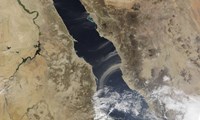 Dust plumes blow off the coast of Saudi Arabia and over the Red Sea Fine Art Print