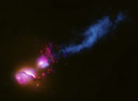 A Powerful Jet from a Supermassive Black Hole is Blasting a nearby Galaxy - various sizes